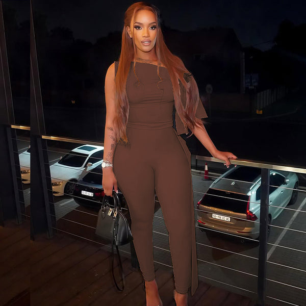 European and American style  fashion solid color pleated pants set diagonal collar top leggings two-piece set niche design women's clothing