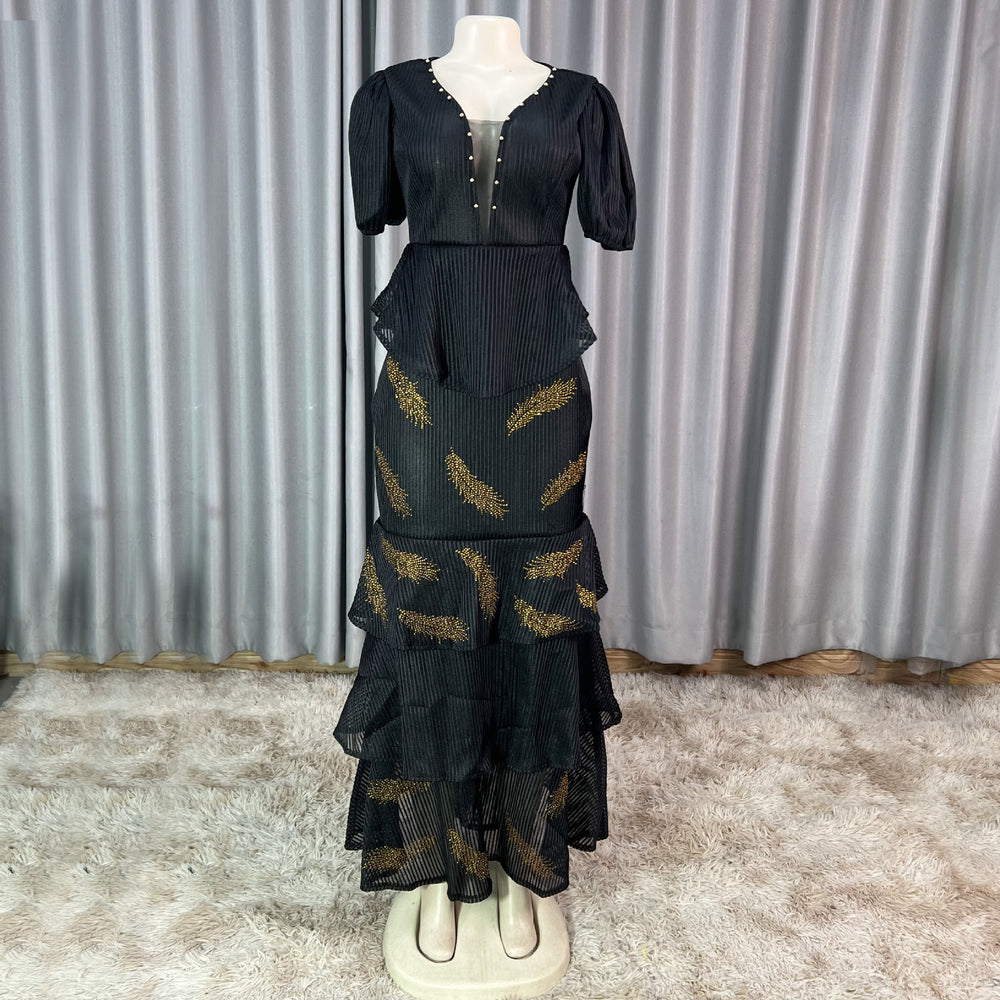 Export african women's v neck mesh silm beading hot diamond pleated lotus leaf fishtail long skirt small dress