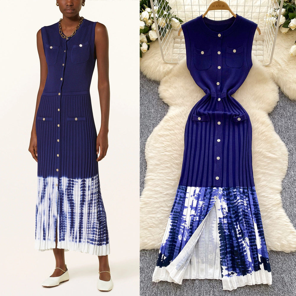Design gradient tie-dye knit dress -  summer new arrival: elegant and chic single-breasted round neck sleeveless dress