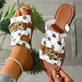 New round-toe printed flat slippers for women,  new cross-border export plus size peep-toe chain buckle slippers