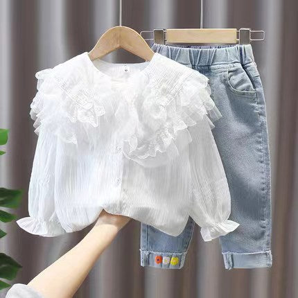 Spring outfit set  new stylish girls' baby fashionable toddler trendy denim spring two-piece set