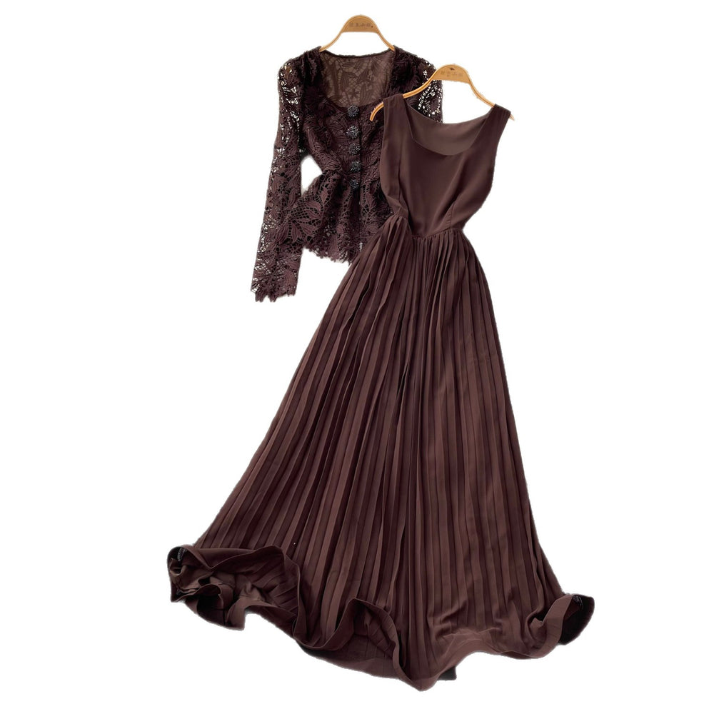 French chic v-neck lace top & high-waisted tank pleated dress two-piece set - autumn elegant & luxe