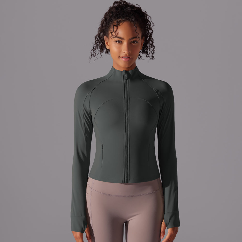 Processing personalized stand-up collar long zipper long sleevesoutwear brushed tight sports running fitness yoga wear tops for women