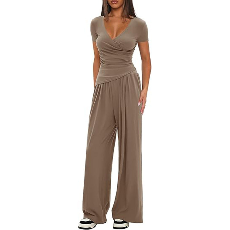 Amazon cross-border pure color 2-piece casualsuit warp knitted v neck short-sleeved loose pantscasualmatching sports suit