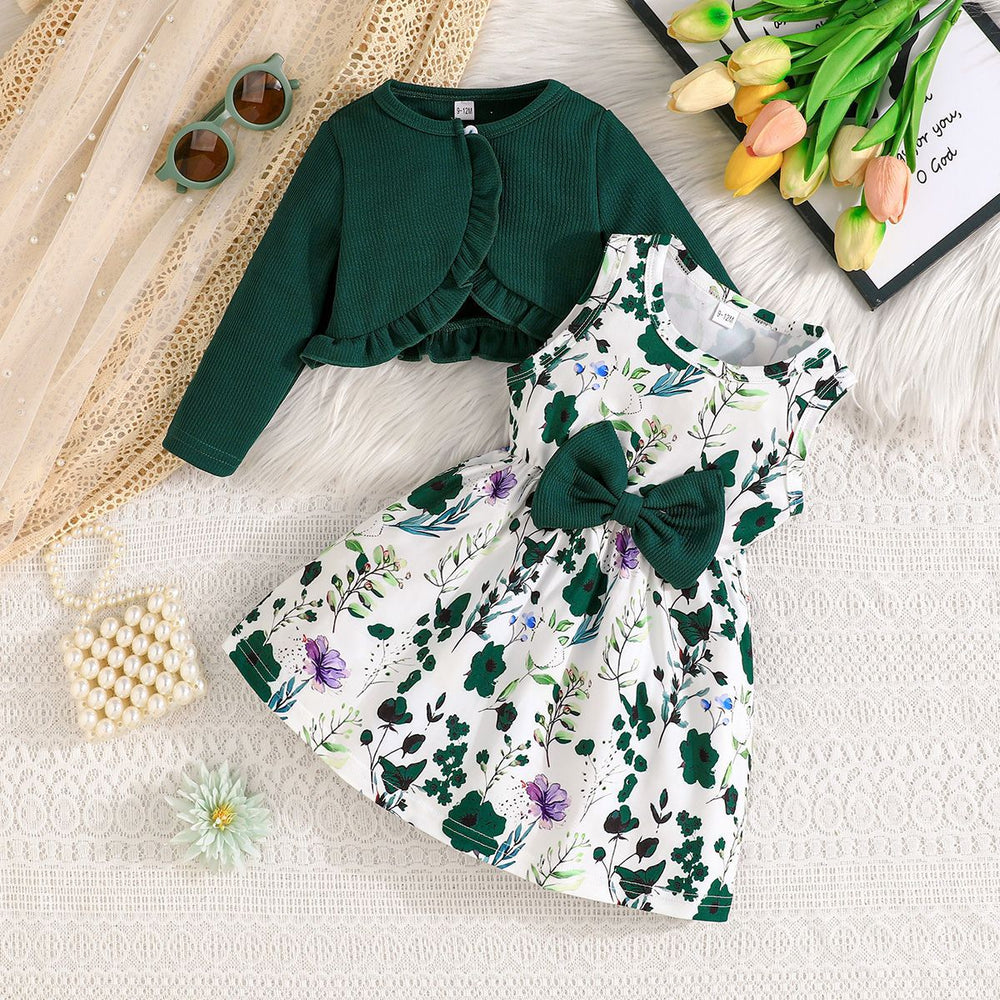 foreign trade exclusive solid color shrug and sleeveless dress butterfly embellished printed dress set