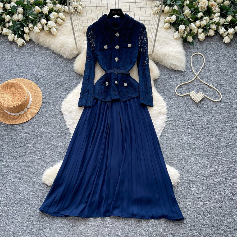 Vintage lace patchwork heavy-duty lapel dress - women's spring/autumn long sleeve a-line maxi dress - commute-friendly, high-end style