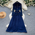 Vintage lace patchwork heavy-duty lapel dress - women's spring/autumn long sleeve a-line maxi dress - commute-friendly, high-end style