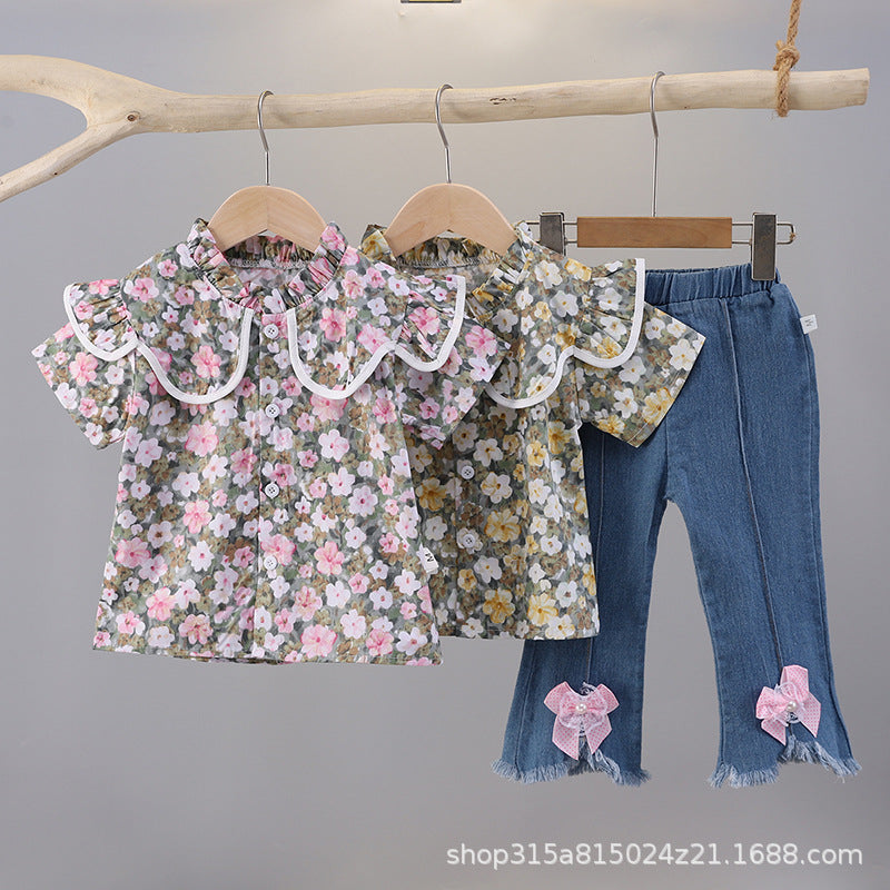 Summer floral dress set for 0-4 year old baby girls - single-breasted skirt, short-sleeve children's summer outfit