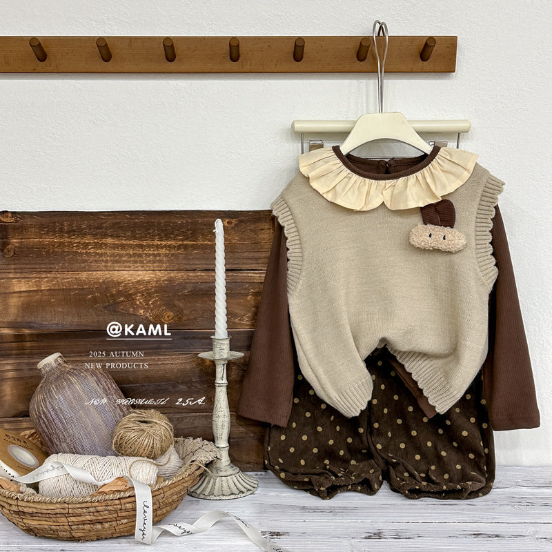 Girls' outfit:  autumn new arrival - stylish and chic doll collar long-sleeve knitted sweater vest with versatile polka dot pants