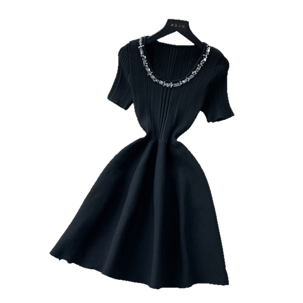 export blue knitted pleated dress for women,  summer new arrival, sequin-embellished a-line dress, versatile commute dress