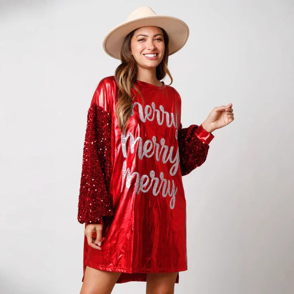 European and american cross-border women's fashion  christmas new arrival sequin long sleeve patchwork round neck printed midi dress