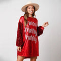 European and american cross-border women's fashion  christmas new arrival sequin long sleeve patchwork round neck printed midi dress