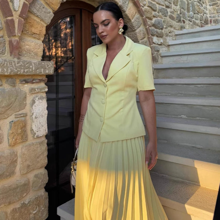 Cross-border European and American women's clothing suit collar solid color cardigan shirt pleated skirt women's  foreign style fashion suit women