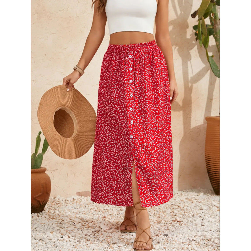 Shipped:  new cross-border european and american printed dress, button-down tie-up maxi skirt, summer country a-line skirt, midi skirt