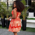Fashion style cross-border trendy printing women's waist pleated a-line skirt silm round neck sleeveless new arrival short dress
