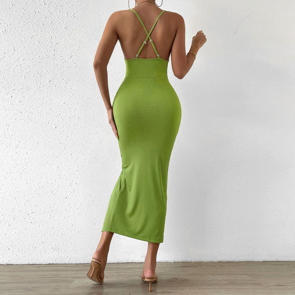 European and american  women's clothing  new hollow-out slit waist-cinching bodycon knit cami sexy dress - in stock