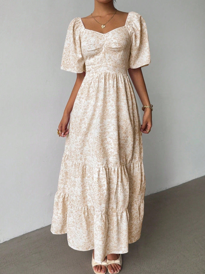 Amazon casual chiffon european and american women's clothing  spring square neck printed comfortable floral dress