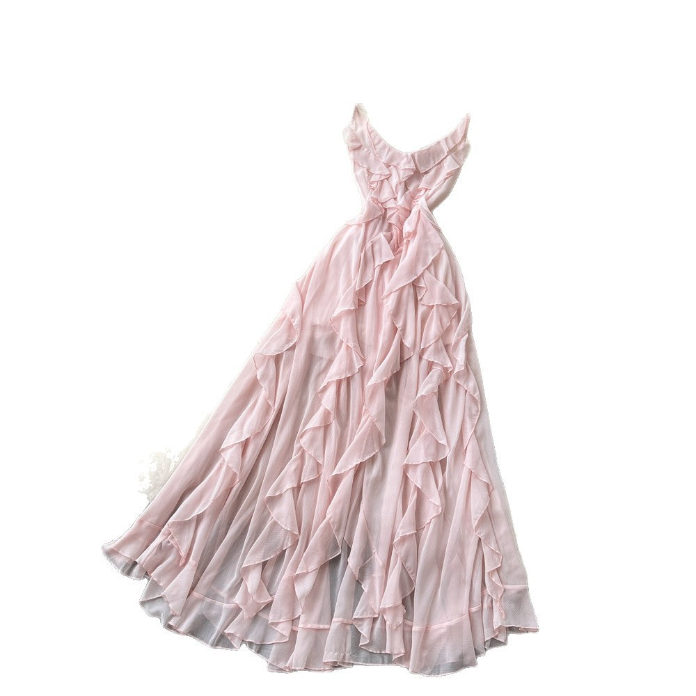 French suspender pure lust style sweet style dress women's summerruffles waist cross backless holiday style long skirt