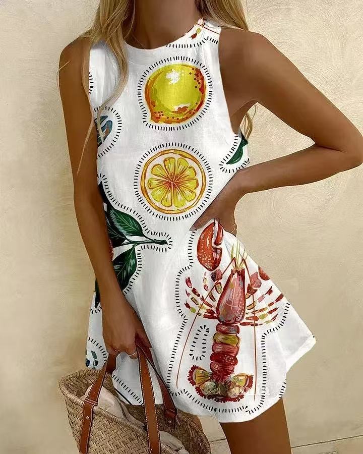 autumn new arrival: women's round neck sleeveless shirt, longline sweatshirt with ocean-themed casual design for independent e-commerce stores