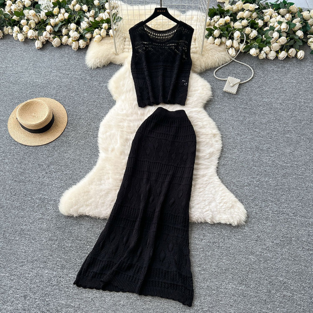 Korean sweet age reduction cut out crochet knittingtops women's high waist tight hip cover skirt summer clothes elegantsuit