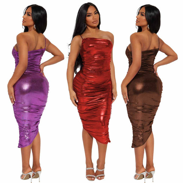 YD8720-D8 special products are non-refundable and non-exchangeable, European and American women's clothing, sexy and fashionable single shoulder suspender, wrinkled dress.