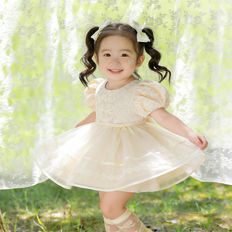 Girls' new birthday party & baby shower lace dress - baby's first birthday performance bow dress - cross-border wholesale