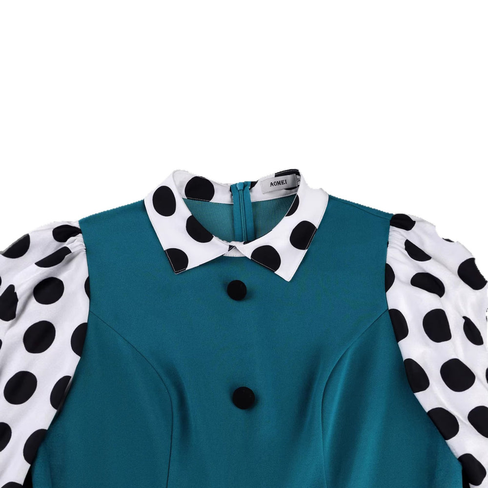 new plus size midi dress - green patchwork polka dot puff sleeve turn-down collar a-line dress