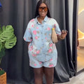 European and american cross-border women's fashion  summer new arrival: stylish turn-down collar printed loose-fit short-sleeve denim shirt and shorts set