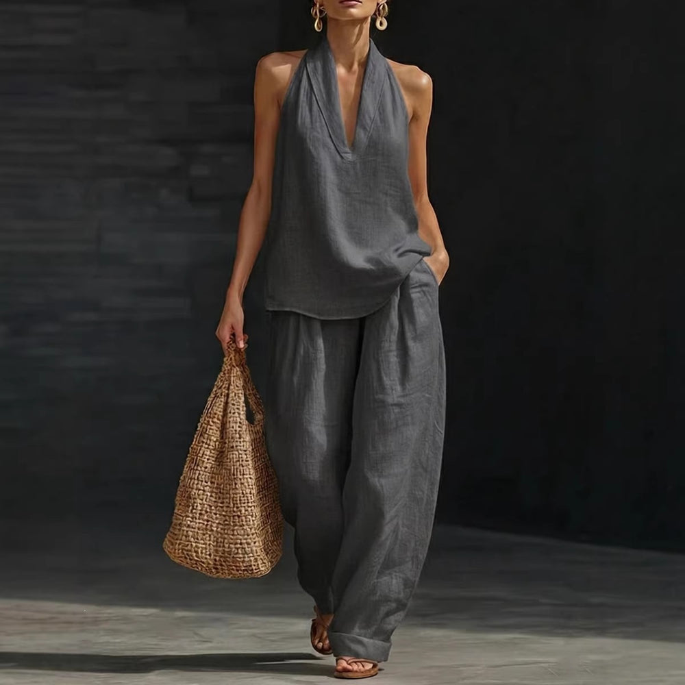 spring/summer hot seller: french chic halter v-neck open-back top & cool, comfortable, slimming wide-leg pant set