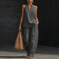 spring/summer hot seller: french chic halter v-neck open-back top & cool, comfortable, slimming wide-leg pant set
