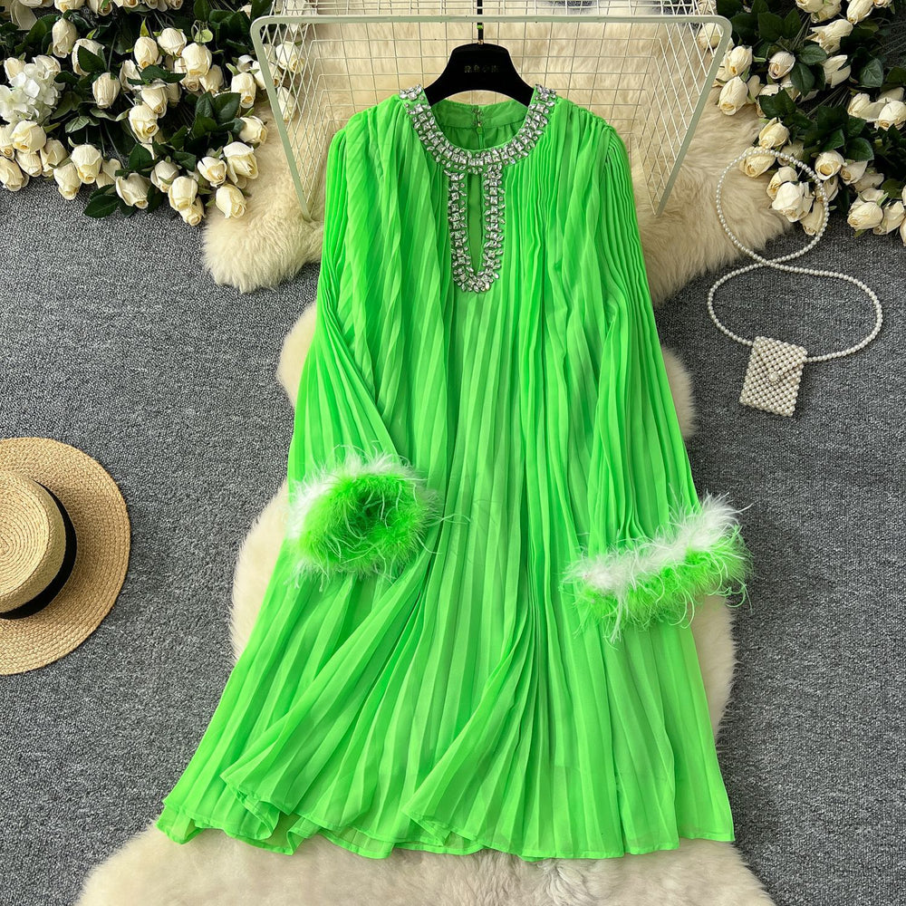 autumn european and american style round neck rhinestone embellished cutout feather trim long sleeve pleated mini dress - relaxed fit