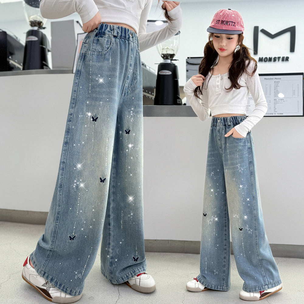Girls' denim jeans - new spring/autumn collection, rhinestone embellished,  stylish design, straight leg, embroidered detailing, trendy wide leg style for mid-to-large sized children