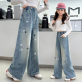 Girls' denim jeans - new spring/autumn collection, rhinestone embellished,  stylish design, straight leg, embroidered detailing, trendy wide leg style for mid-to-large sized children
