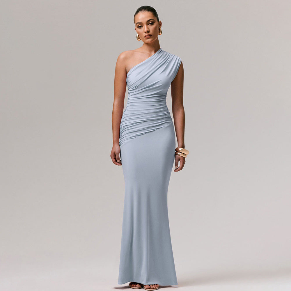 Amazon us & europe women's clothing  summer new fashion solid color elegant one-shoulder sexy slim-fit dress wholesale