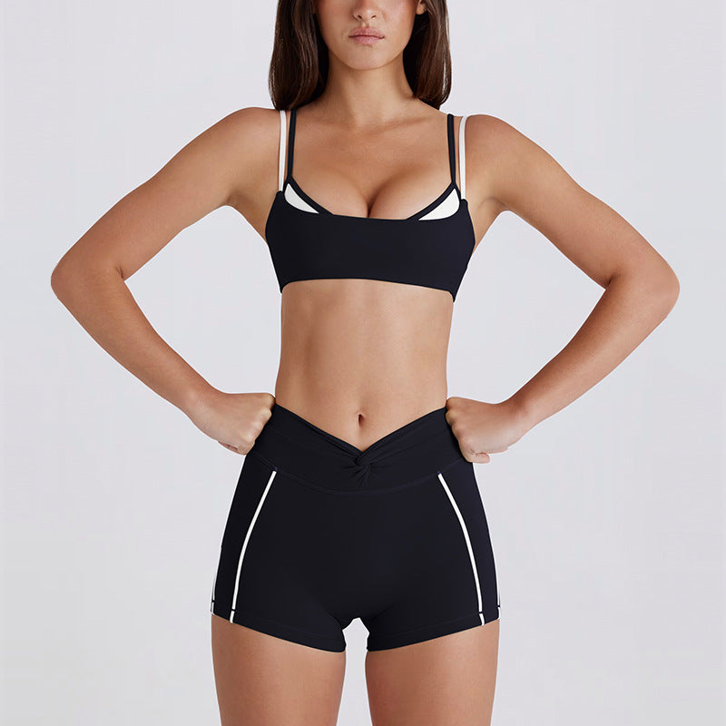 contrast color white stripes fake two pieces running pants shorts twist halter sports intimates bra yoga suit set for women