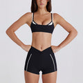 contrast color white stripes fake two pieces running pants shorts twist halter sports intimates bra yoga suit set for women