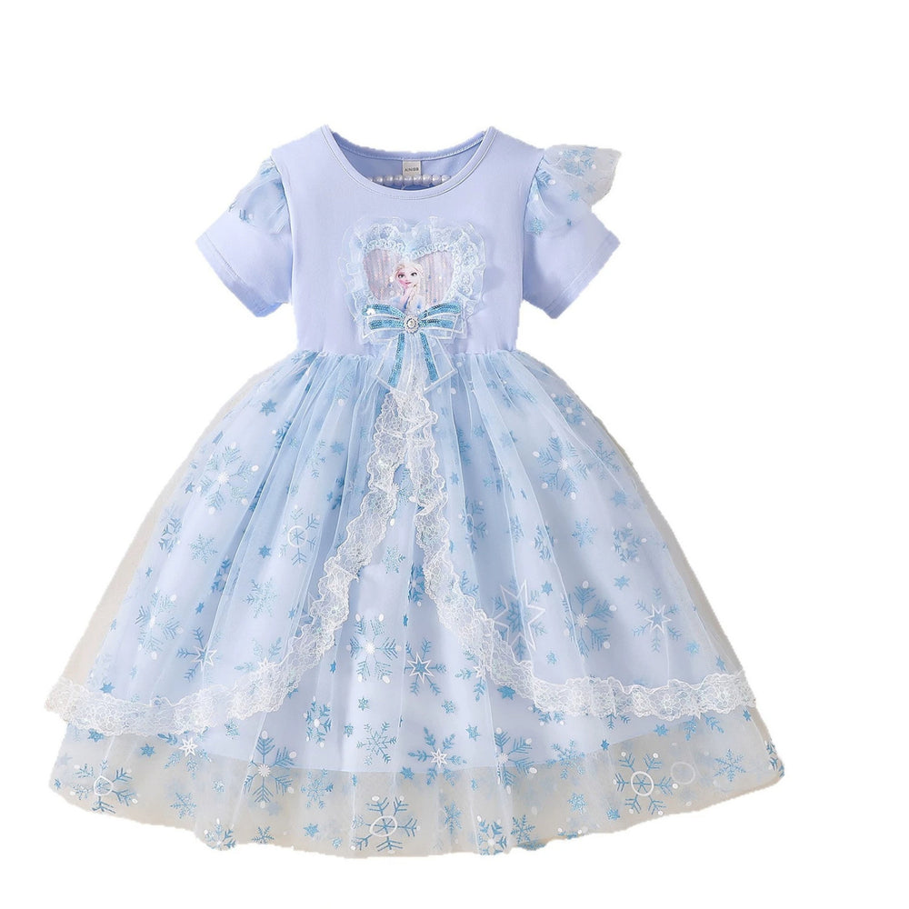 Girls' frozen elsa snowflake short-sleeve mesh princess dress - new summer collection - kids' lace tutu party dress