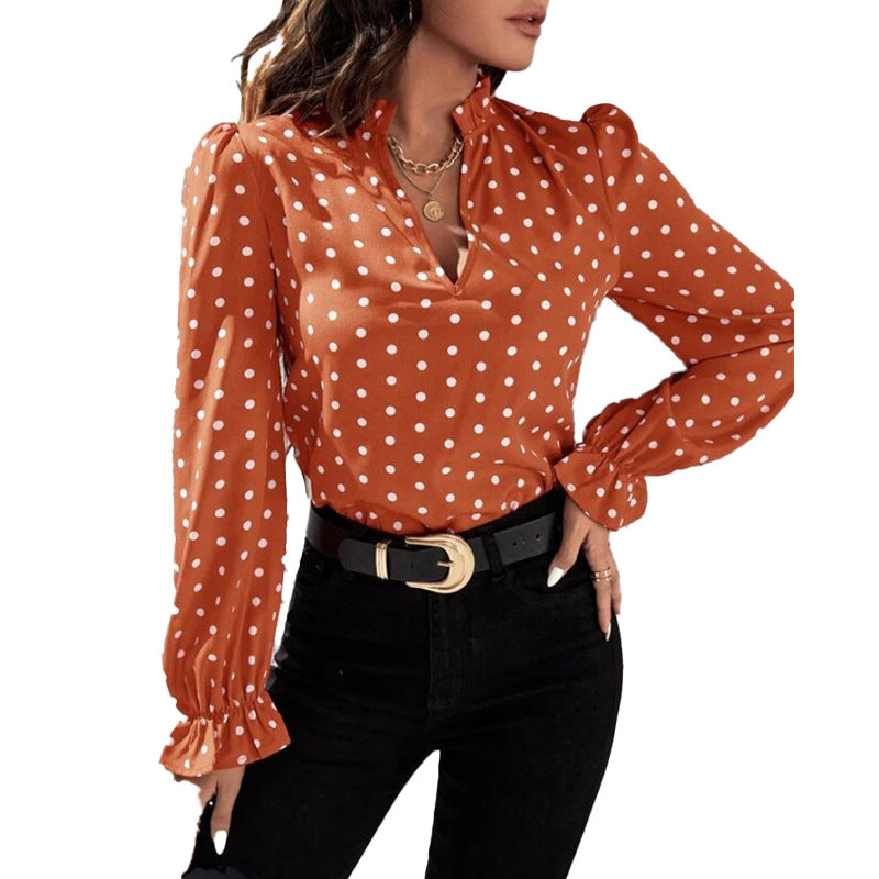Cross-border 2025 fashion trend  independent station printed pullover short polka dot long-sleeved top European and American women's clothing