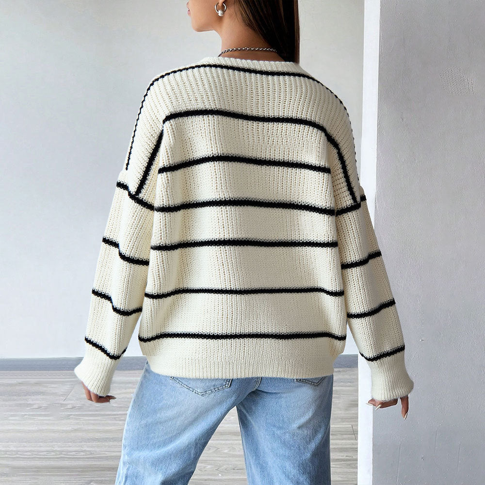 Cross-border TK versatile loose striped sweater new autumn and winter casual versatile lazy wind knitted sweater cardigan jacket