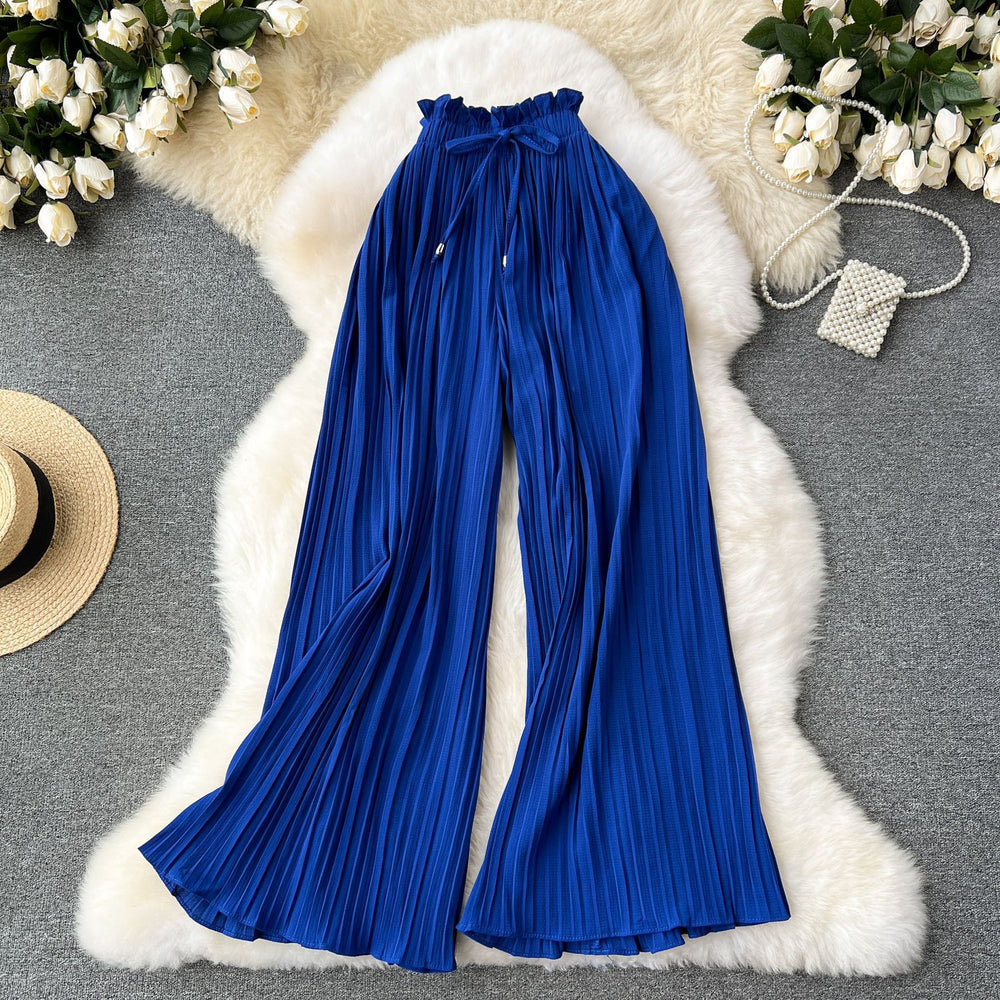 Summer outfit: high-waisted tie-waist casual pants for women - plus size, slimming, flattering, and flowy wide-leg pleated trousers
