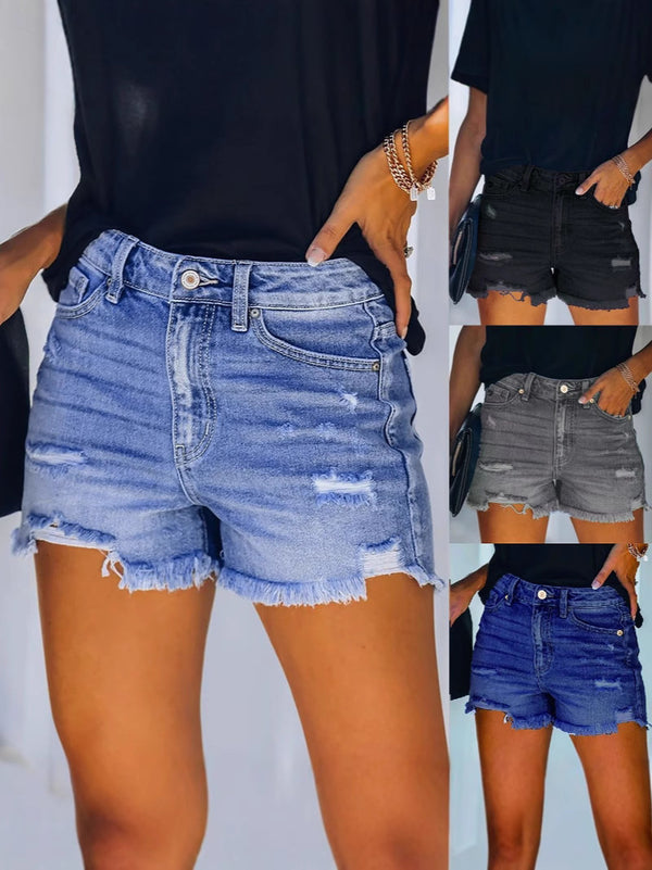 Cross-border  European and American women's denim shorts New high-waisted elastic ripped women's denim shorts women