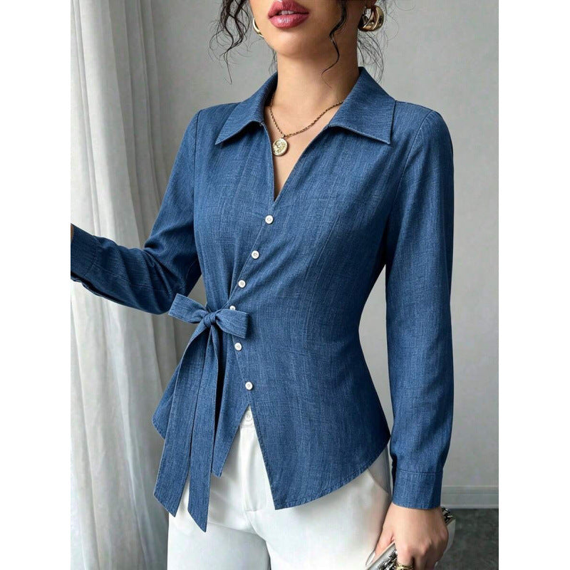 fashion  autumn new arrivalretro lapel single-breasted side waist tie backcasuallong sleevesshirt