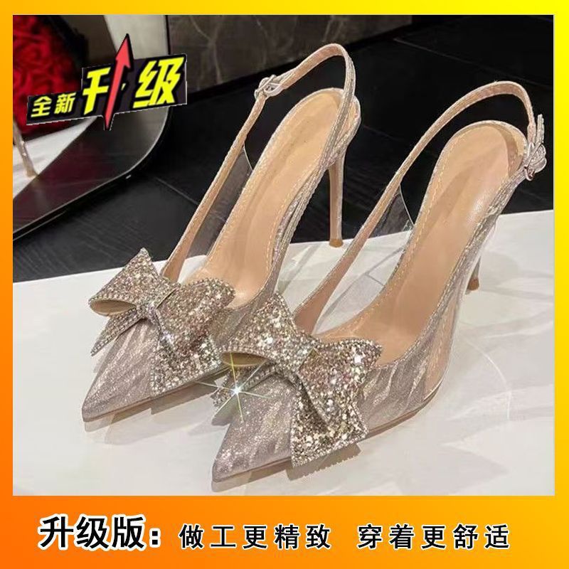 Stiletto pointed-toe bridal sandals with closed toe – 2026 summer new collection – bowknot high heels with sequin rhinestone detail – bridesmaid shoes