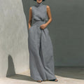 summer new women's clothing: cross-border european and american style, fashionable and elegant solid color high neck sleeveless straight-leg pants set