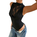 women's half-high neck lace patchwork sleeveless bodysuit sexy v-neck slim-fit flattering hot girl style top