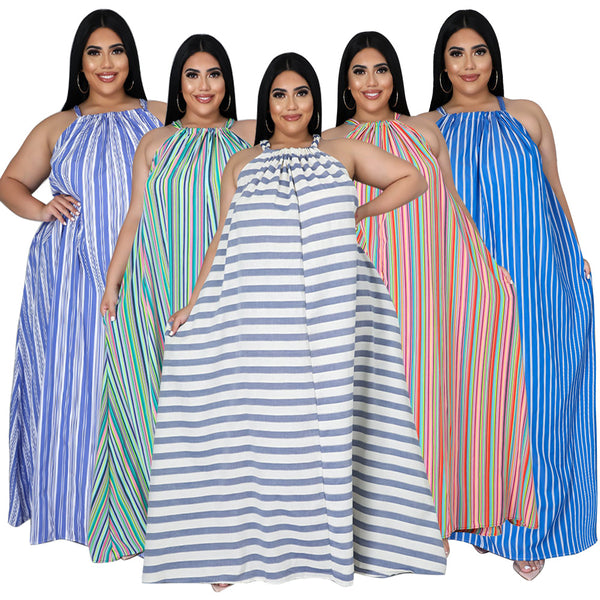 N7274 striped printed dress large size women's clothing loose European and American independent station  casual dress women