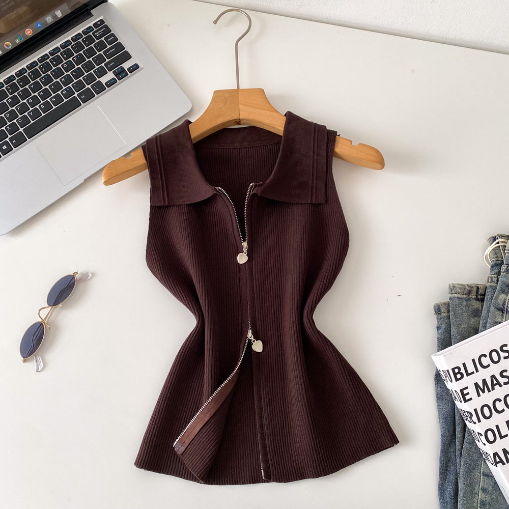 Korean style commute chic: women's summer slim-fit sleeveless knit vest with polo collar and zipper detail