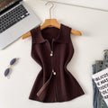 Korean style commute chic: women's summer slim-fit sleeveless knit vest with polo collar and zipper detail