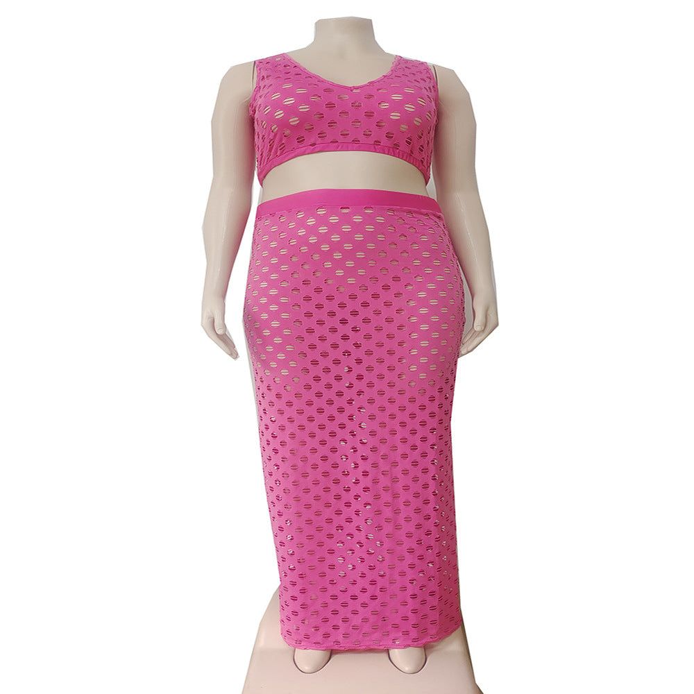 European and american cross-border women's fashion:  summer sexy hollow-out mesh tank top + maxi skirt set