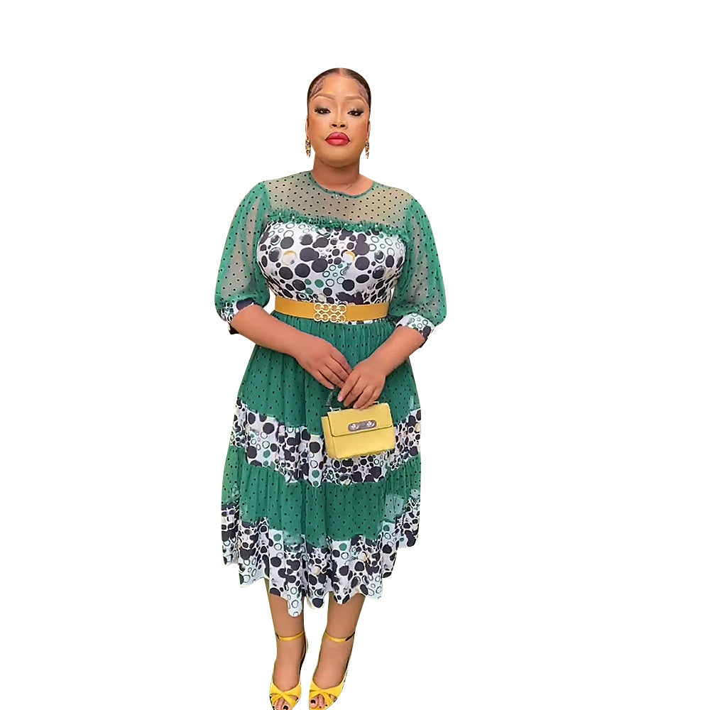 African  women's printed patchwork dress, european and american cross-border foreign trade fashion casual polka dot skirt, plus size
